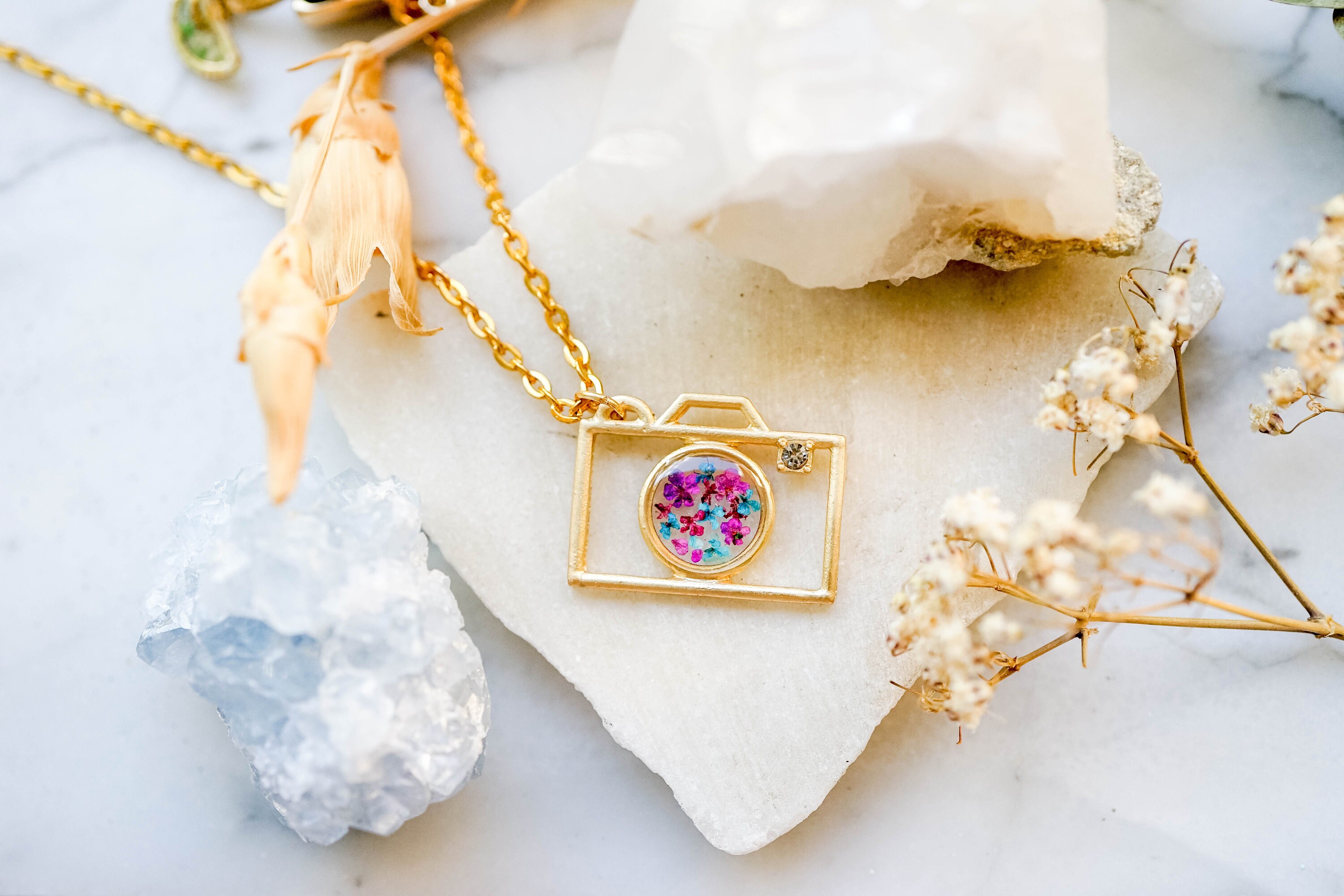 Real Pressed Flowers in Resin, Gold Camera Necklace with Purple Pink Teal Flowers - Thumbnail 5