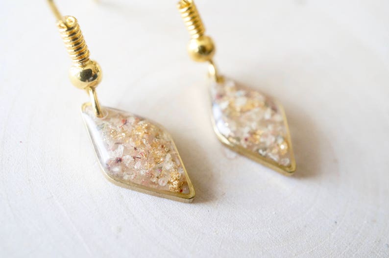 Real Pressed Flowers and Resin Earrings in Gold with Whites Champagne Mix with Real Gold Foil image 3