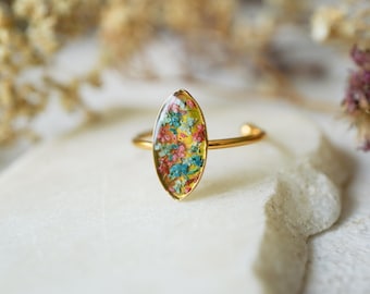Real Pressed Flower and Resin Ring in Pink Teal and Blue