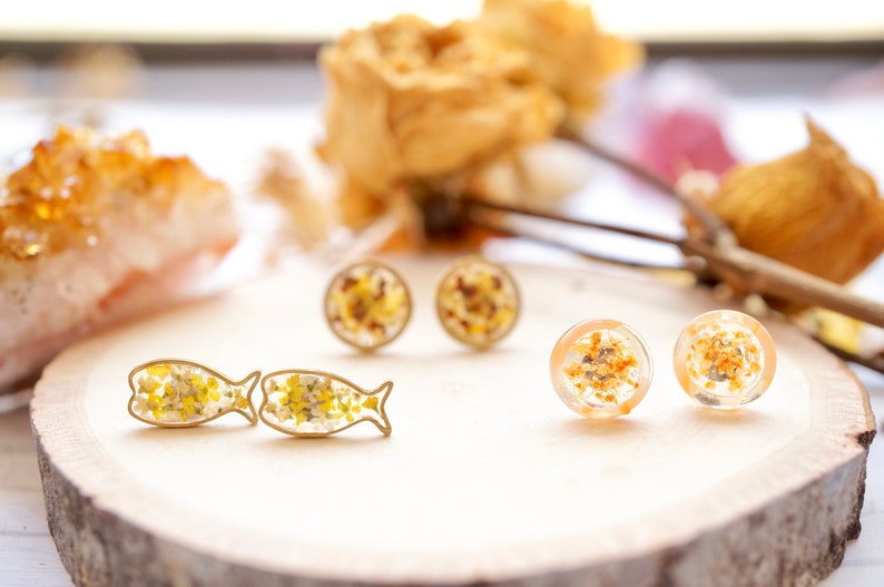 Real Pressed Flowers and Resin, Fish Stud Earrings in Yellow and White image 3