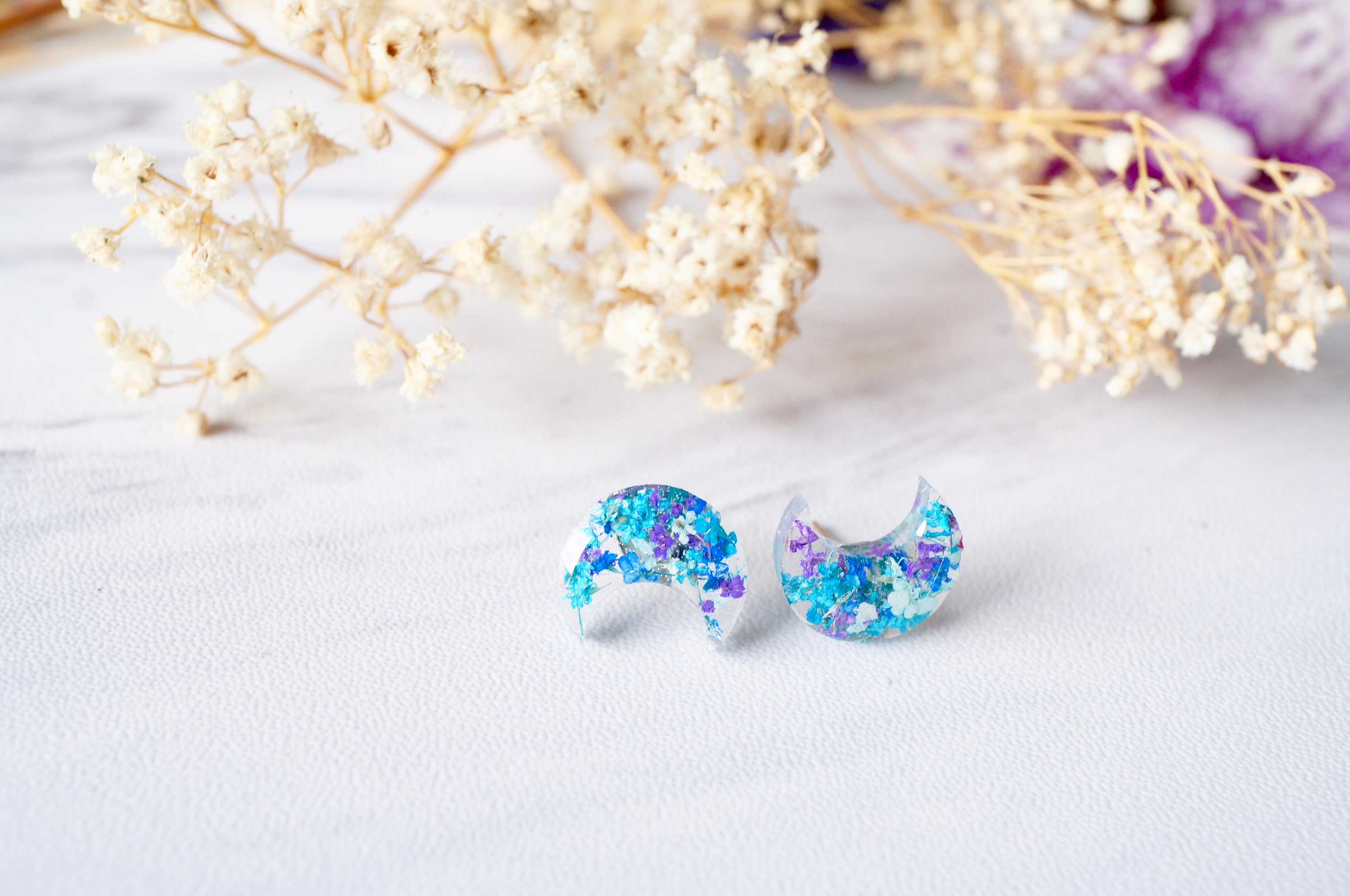 Real Pressed Flowers and Celestial Resin Moon Stud Earrings in Purple Blue Teal Mint - Thumbnail 4