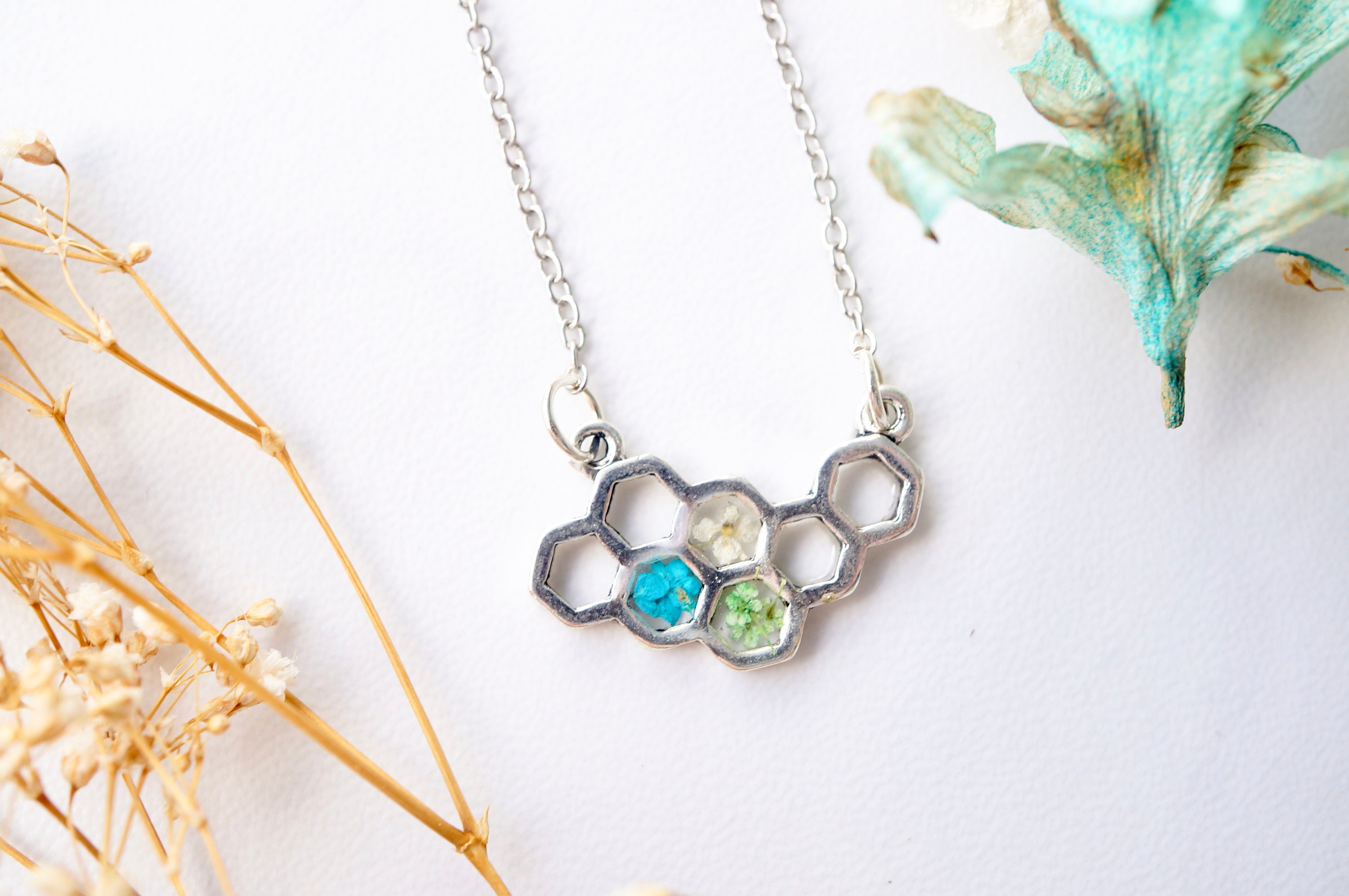 Real Pressed Flowers in Honeycomb Resin Necklace in Teal White Green