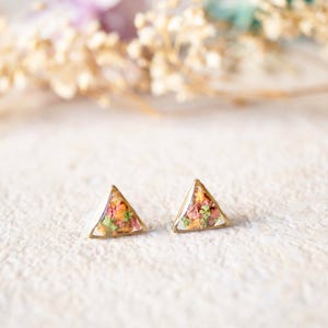 Real Pressed Flowers and Resin Triangle Stud Earrings in Pink, Orange, Green image 2