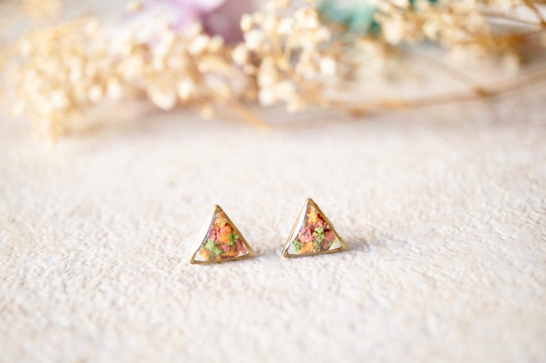 Real Pressed Flowers and Resin Triangle Stud Earrings in Pink, Orange, Green image 2