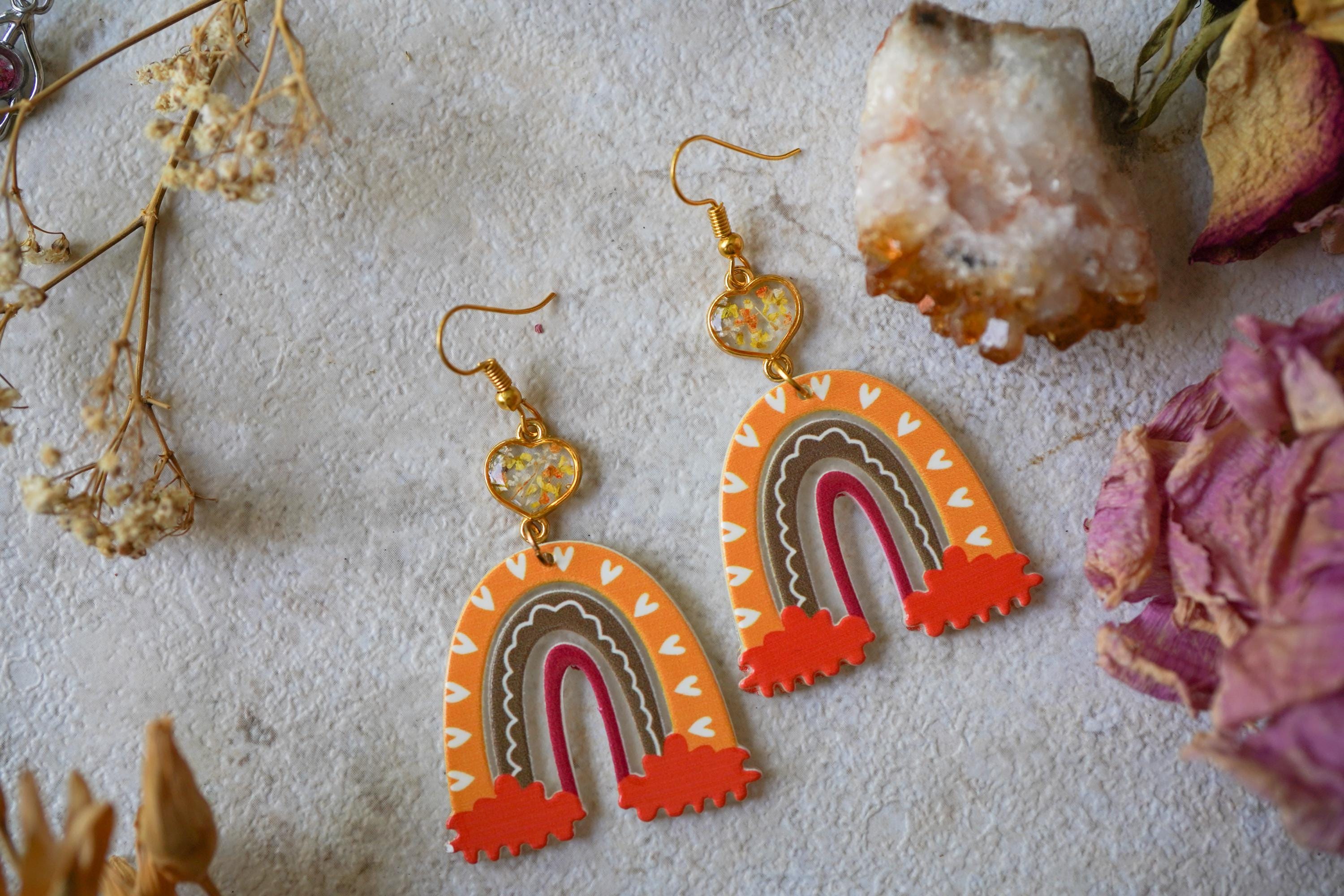 Real Pressed Flowers Earrings, Rainbow Drop Earrings with Real Dried Flowers, Orange and Yellows - Thumbnail 2