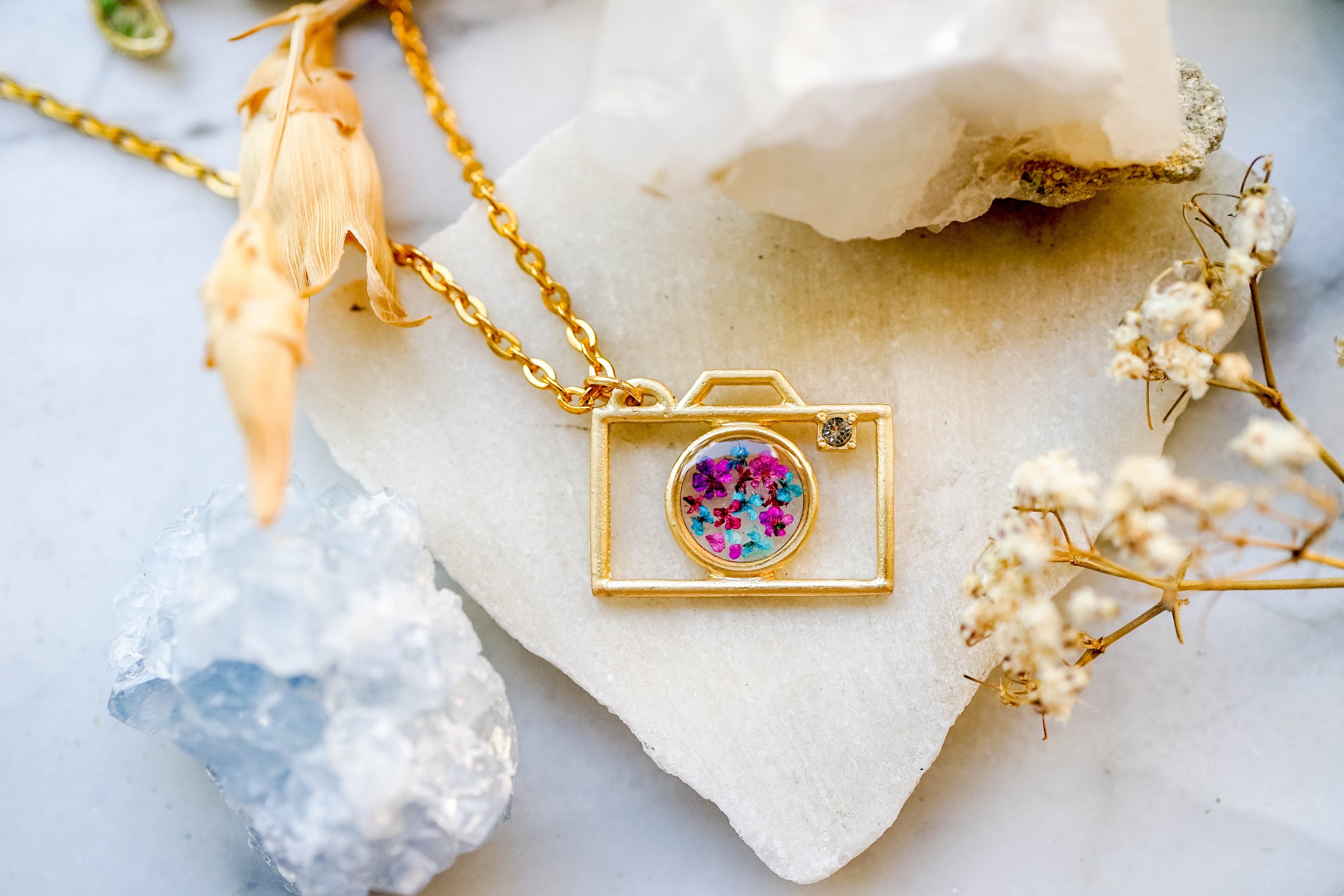 Real Pressed Flowers in Resin, Gold Camera Necklace with Purple Pink Teal Flowers - Thumbnail 2