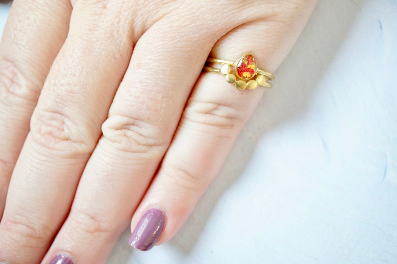 Real Pressed Flower and Resin Ring, Gold Teardrop in Red and Yellow image 2