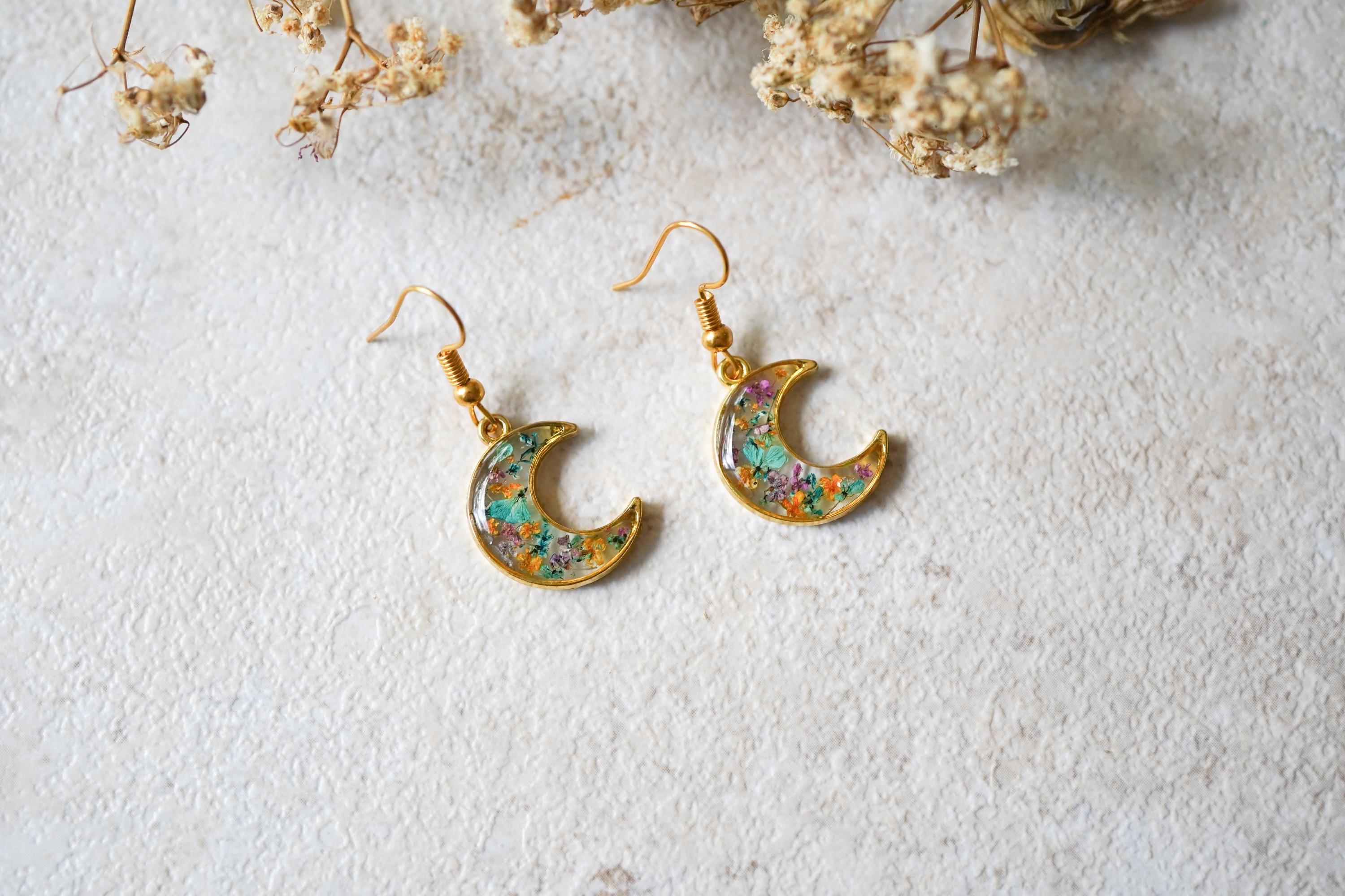 Real Pressed Flowers and Resin Drop Earrings, Gold Moons in Teal and Blue - Thumbnail 2