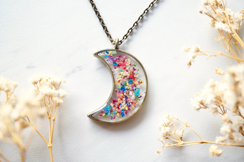 Real Pressed Flowers and Resin Moon Necklace in Party Mix image 1