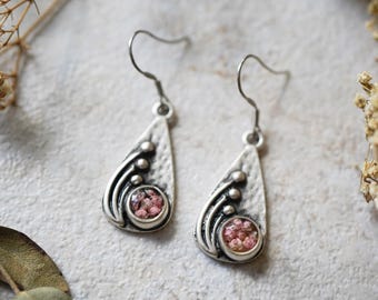 Real Pressed Flowers Earrings, Silver Drops in Blue and Purple