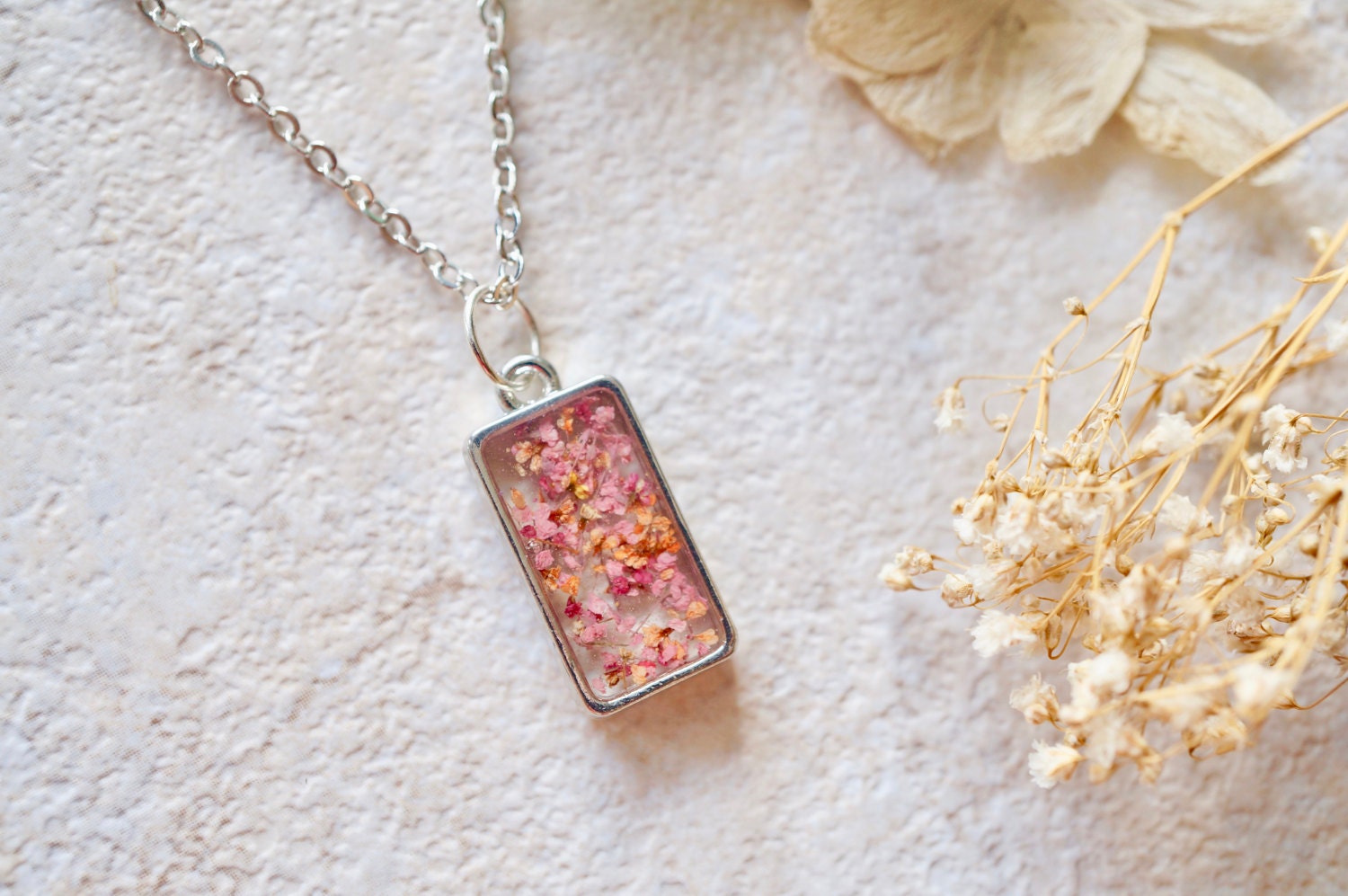 Real Dried Flowers in Resin Necklace in Pinks and Oranges - Thumbnail 4