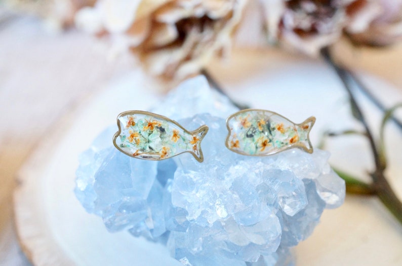 Real Pressed Flowers and Resin, Fish Stud Earrings in Yellow and White image 5