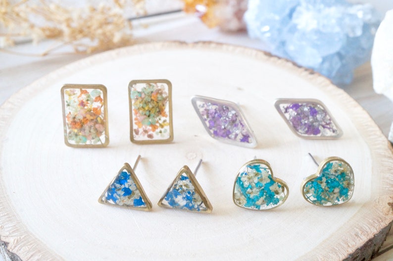 Real Pressed Flowers and Resin Triangle Stud Earrings in White and Cobalt Blue image 2