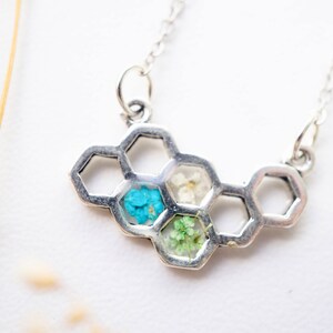 Real Pressed Flowers in Honeycomb Resin Necklace in Teal White Green image 3