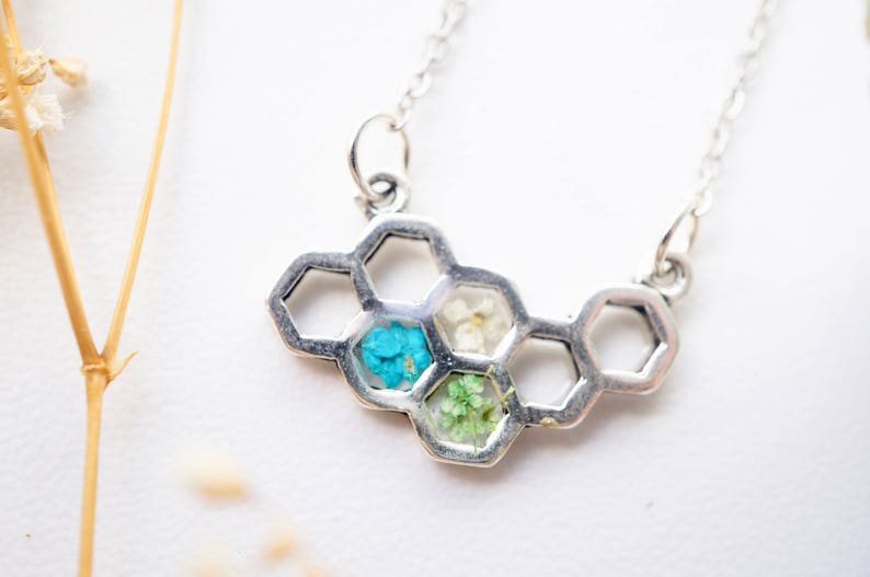Real Pressed Flowers in Honeycomb Resin Necklace in Teal White Green image 3