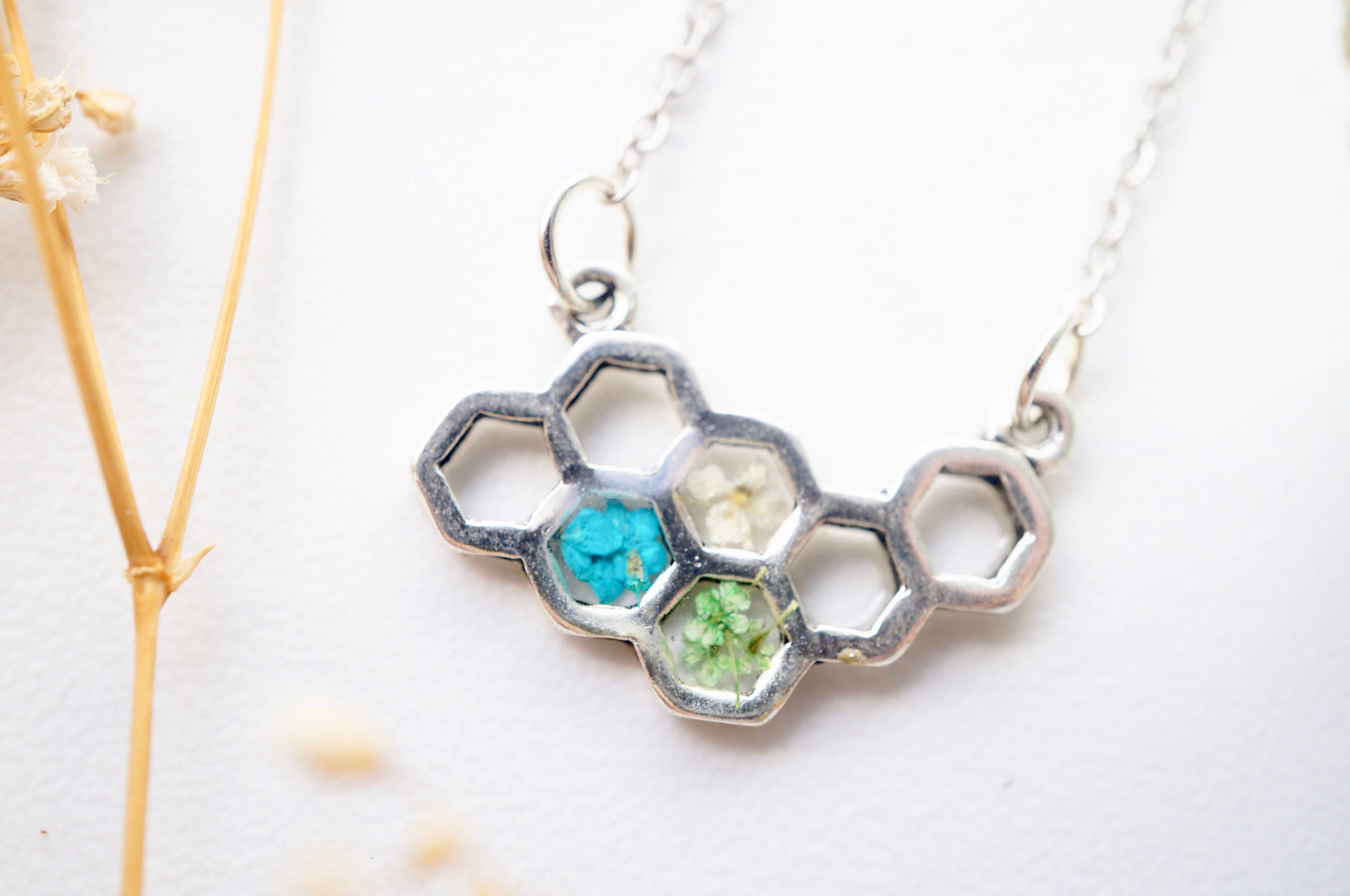 Real Pressed Flowers in Honeycomb Resin Necklace in Teal White Green - Thumbnail 3