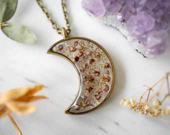 Real Pressed Flower and Resin Celestial Moon Necklace, Bronze with Heather Flowers