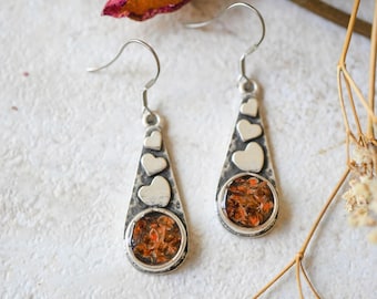 Real Pressed Flowers Earrings, Gold Drops in Green Pink Orange