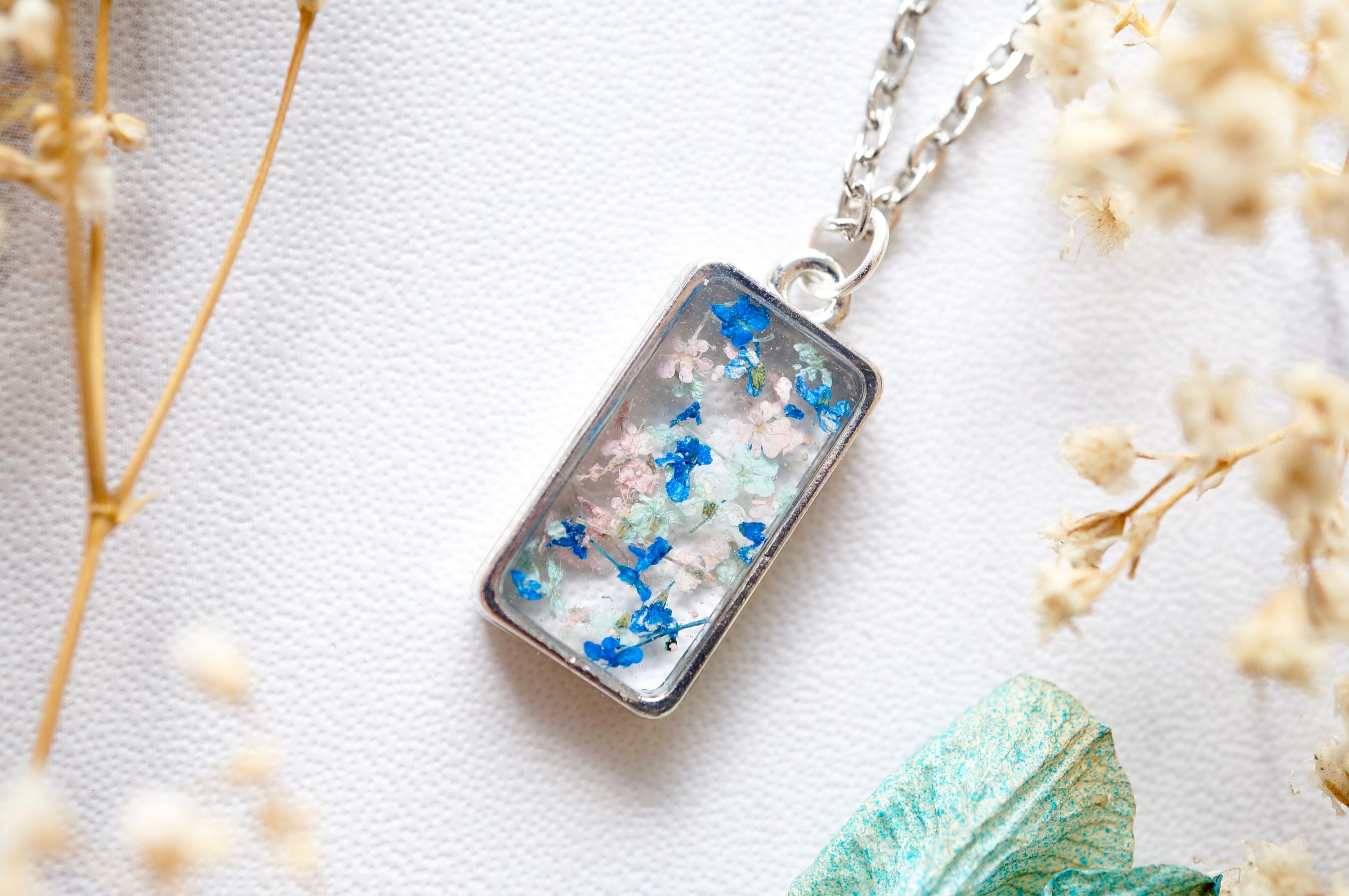 Real Pressed Flowers in Resin Necklace, Silver Rectangle in Pink Mint Blue - Thumbnail 4