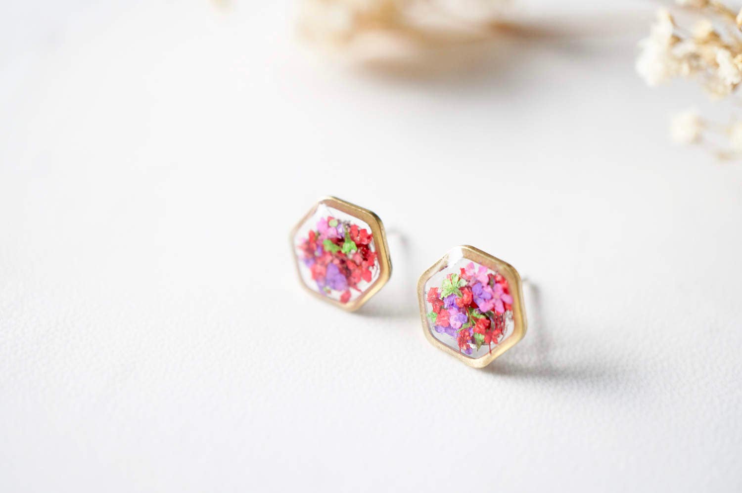 Real Pressed Flowers and Resin Stud Earrings, Gold Hexagon in Neon Mix - Thumbnail 4