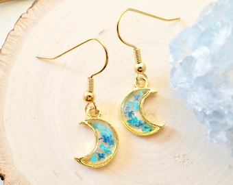 Real Pressed Flowers and Resin Drop Earrings, Gold Moons in Teal and Blue