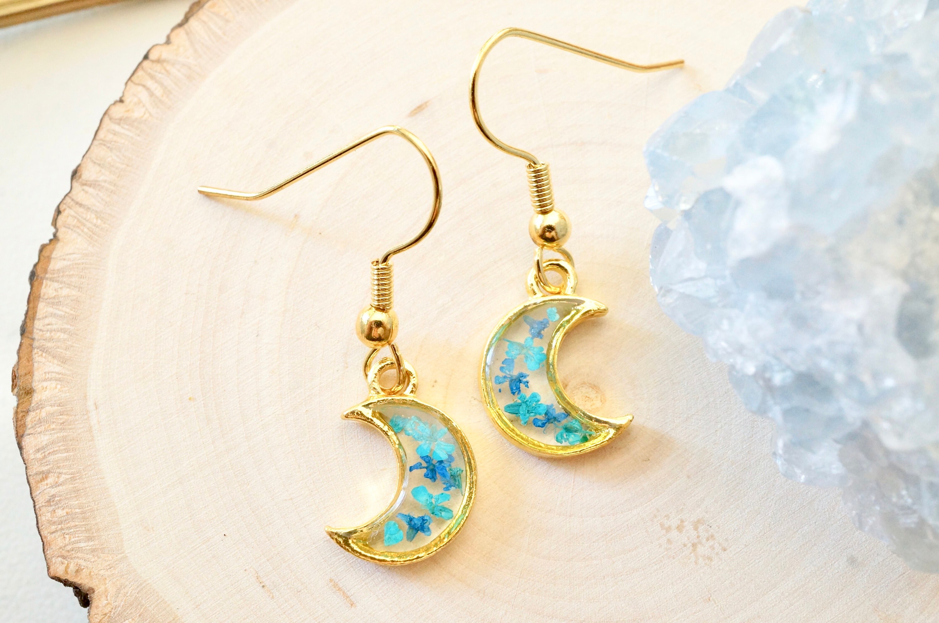 Real Pressed Flowers and Resin Drop Earrings, Gold Moons in Teal and Blue - Thumbnail 7