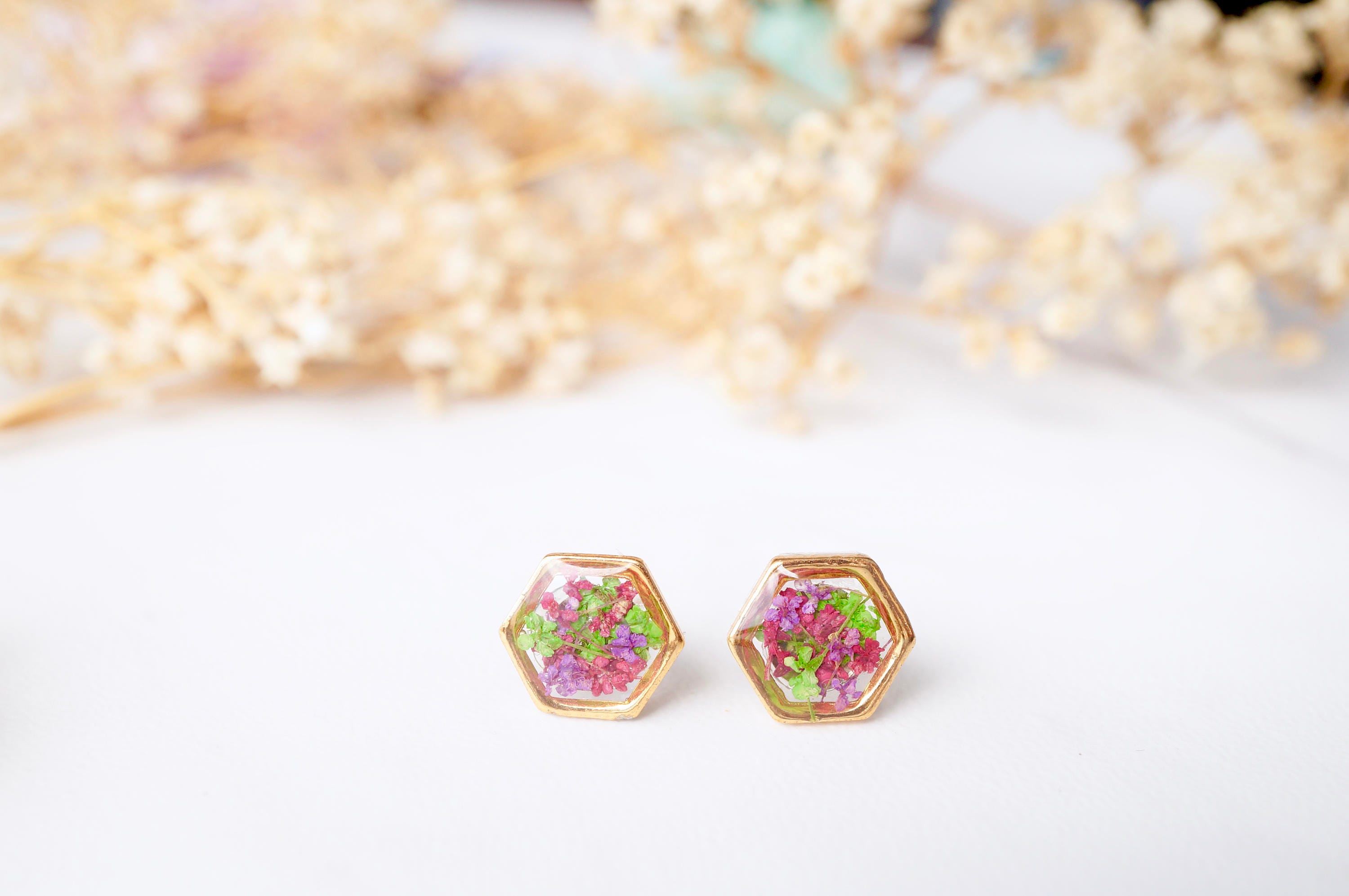 Real Pressed Flowers and Resin Stud Earrings, Gold Hexagon in Red Purple Green - Thumbnail 3