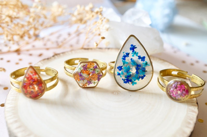 Real Pressed Flower and Resin Ring, Gold Teardrop in Red and Yellow image 8