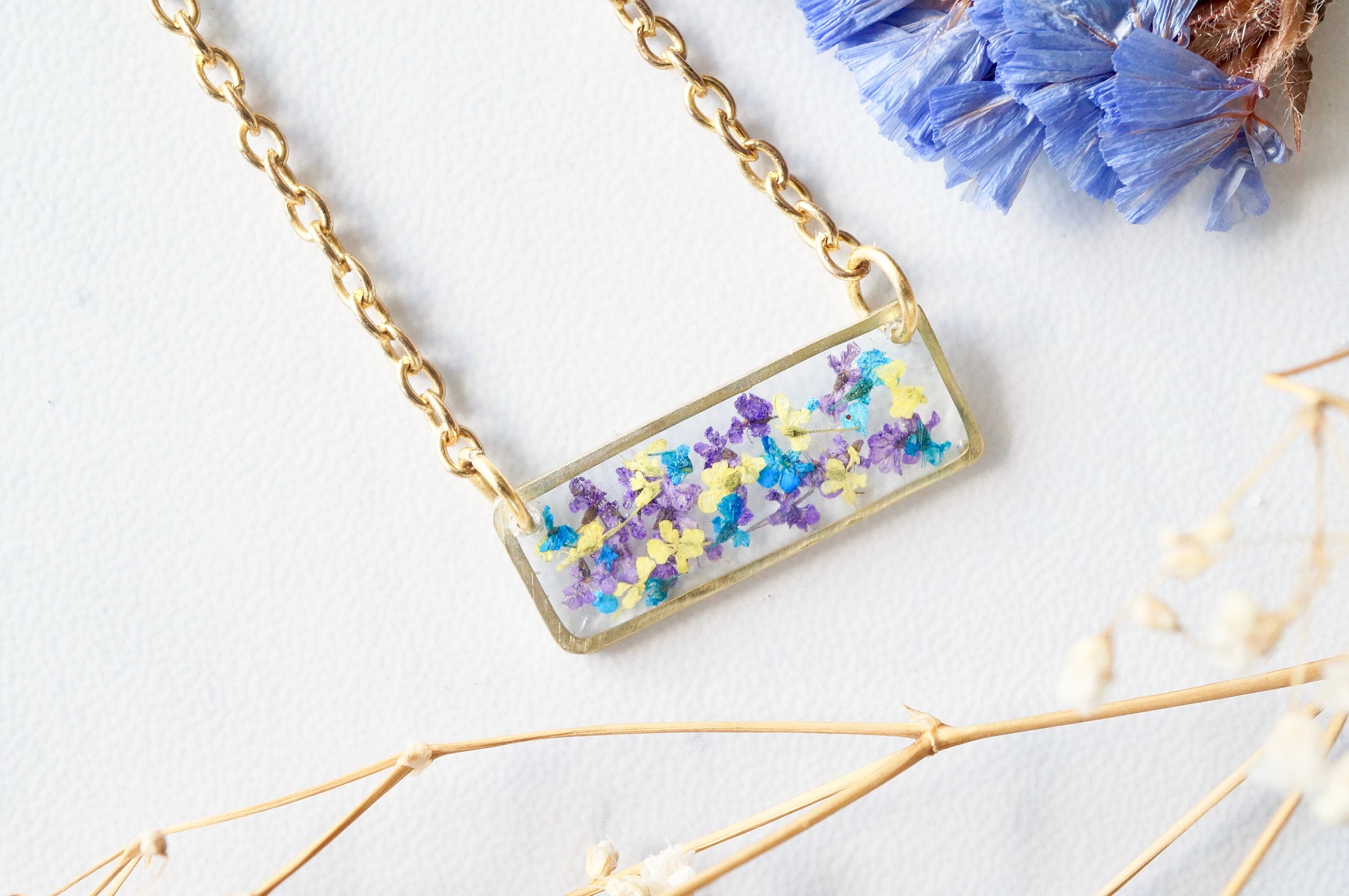 Real Pressed Flowers and Resin Necklace, Gold Bar in Purple Yellow Blue - Thumbnail 5
