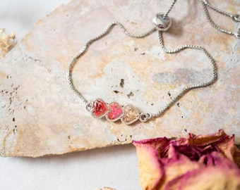 Real Pressed Flowers and Resin Bracelet, Silver Hearts Bracelet, Dried Flowers, Floral Bracelet, Gifts for Her, 3 Children, Gifts for Moms