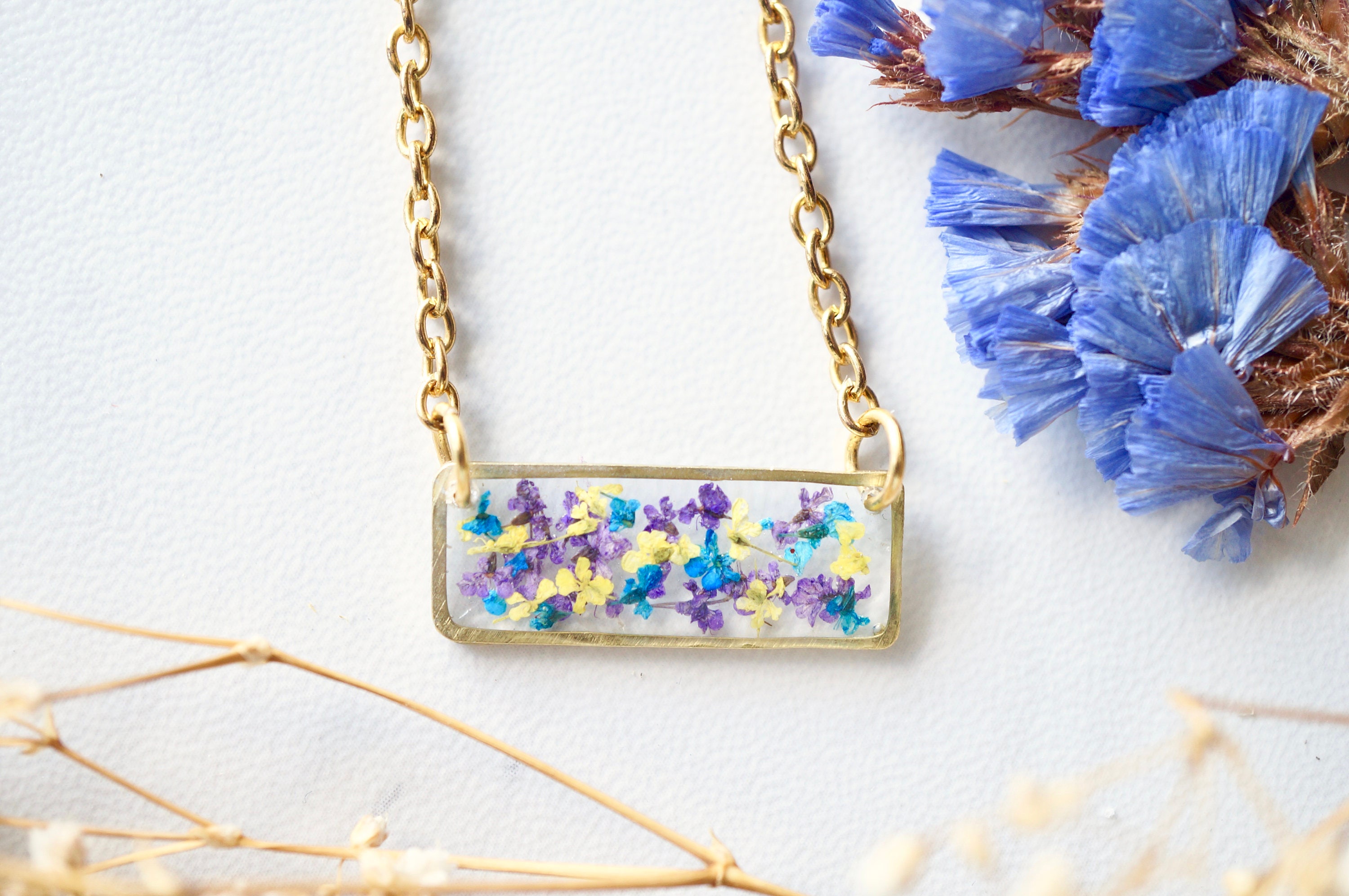 Real Pressed Flowers and Resin Necklace, Gold Bar in Purple Yellow Blue
