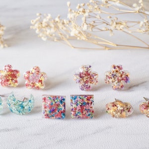 Real Pressed Flowers and Resin Square Stud Earrings in Party Mix image 3