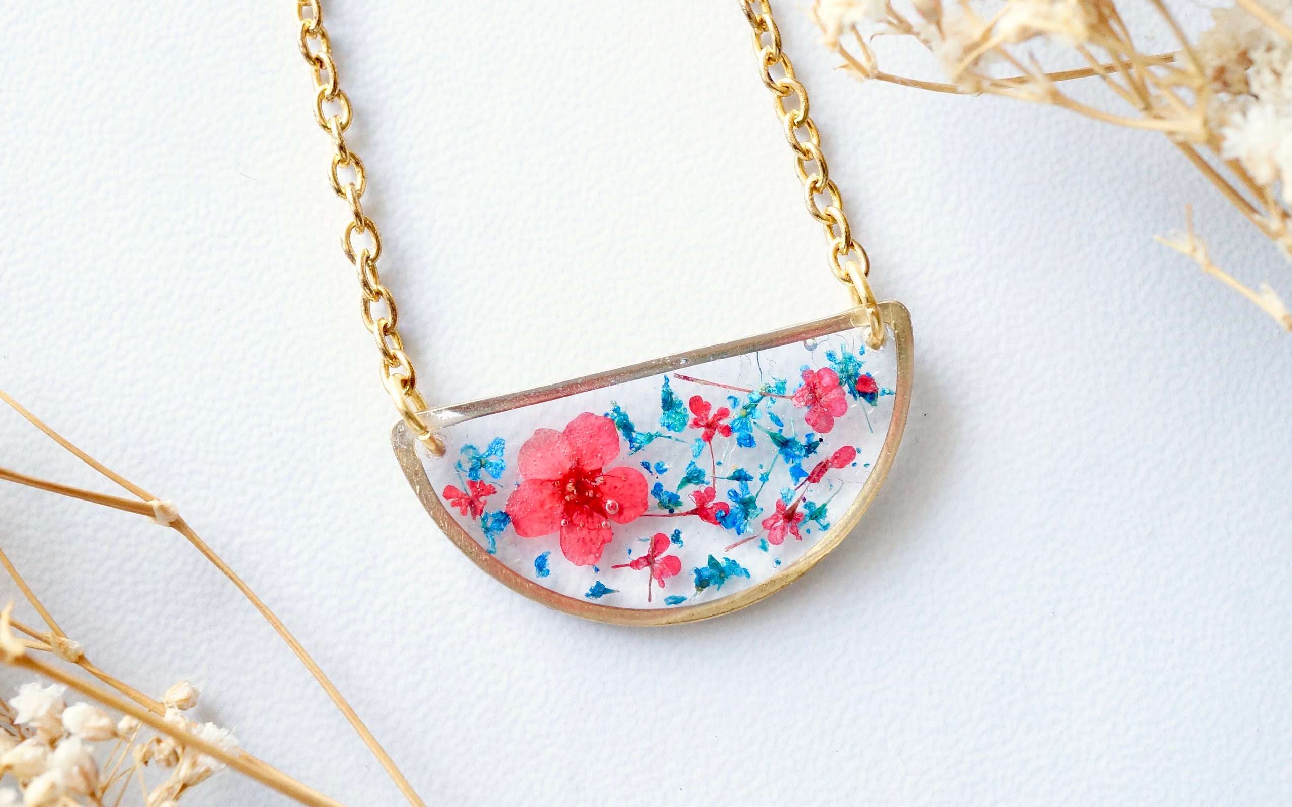 Real Pressed Flowers in Resin Necklace, Half Circle in Blue and Red