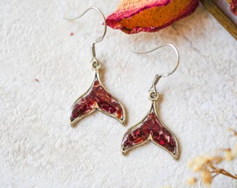 Real Pressed Flowers Earrings, Gold Drops in Green Pink Orange