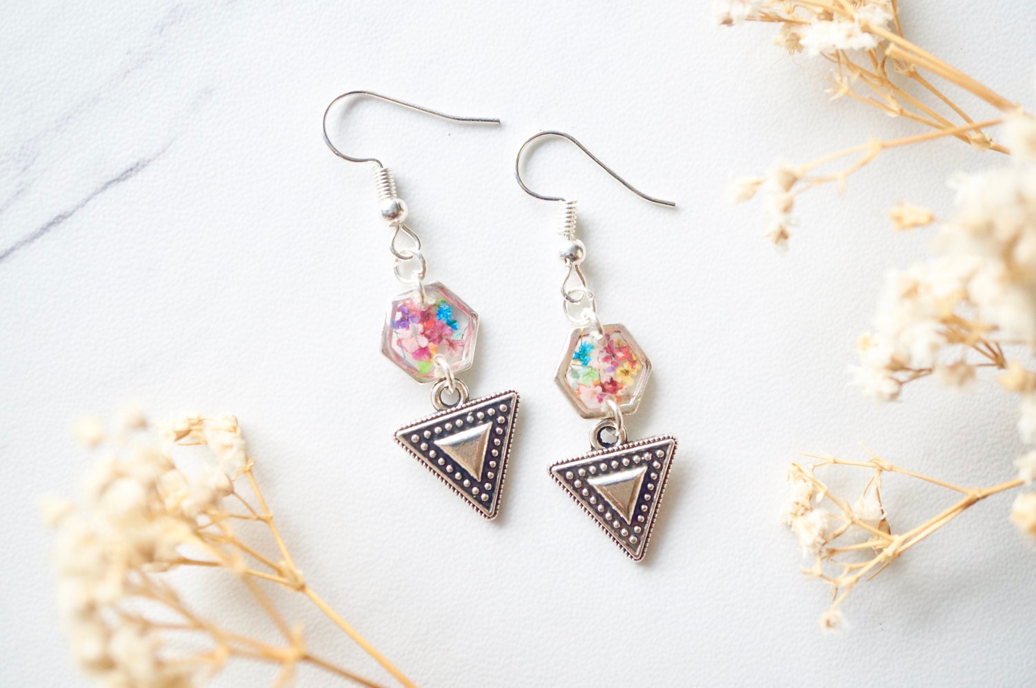 Real Pressed Flowers and Resin Earrings in Silver and Party Mix with Tribal Boho Arrowhead - Thumbnail 3