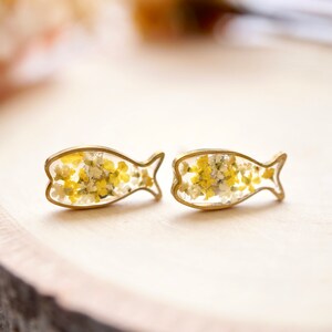 Real Pressed Flowers and Resin, Fish Stud Earrings in Yellow and White image 2