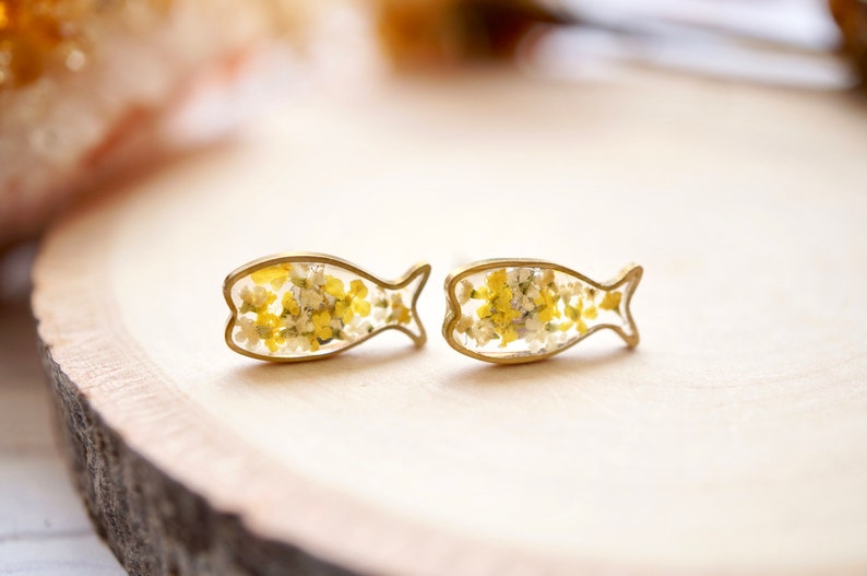 Real Pressed Flowers and Resin, Fish Stud Earrings in Yellow and White image 2