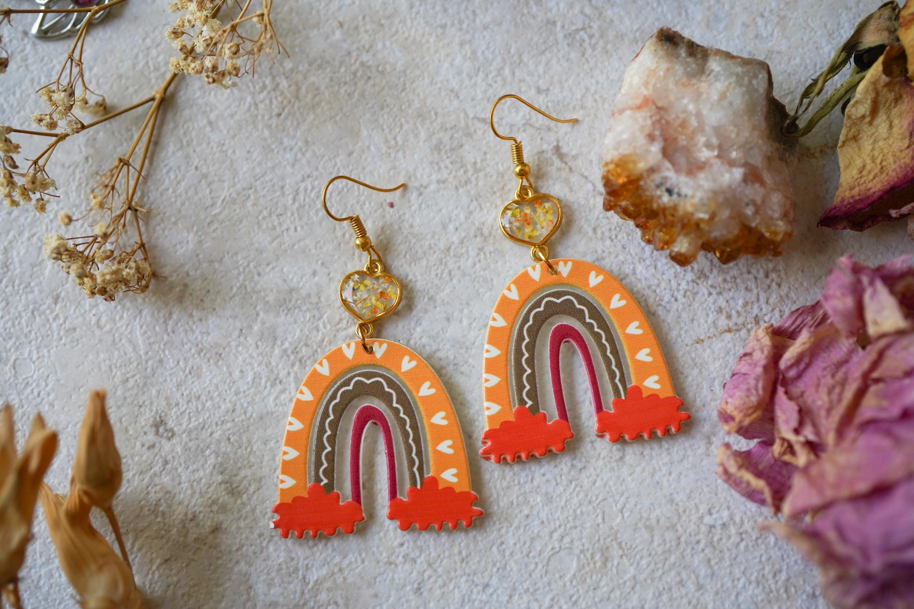 Real Pressed Flowers Earrings, Rainbow Drop Earrings with Real Dried Flowers, Orange and Yellows