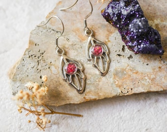 Real Pressed Flowers Earrings, Gold Drops in Green Pink Orange