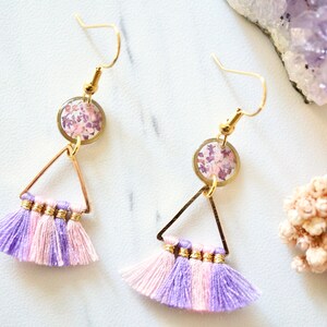 Real Pressed Flowers and Resin Gold Dangle Earrings, Pink and Purple Tassels