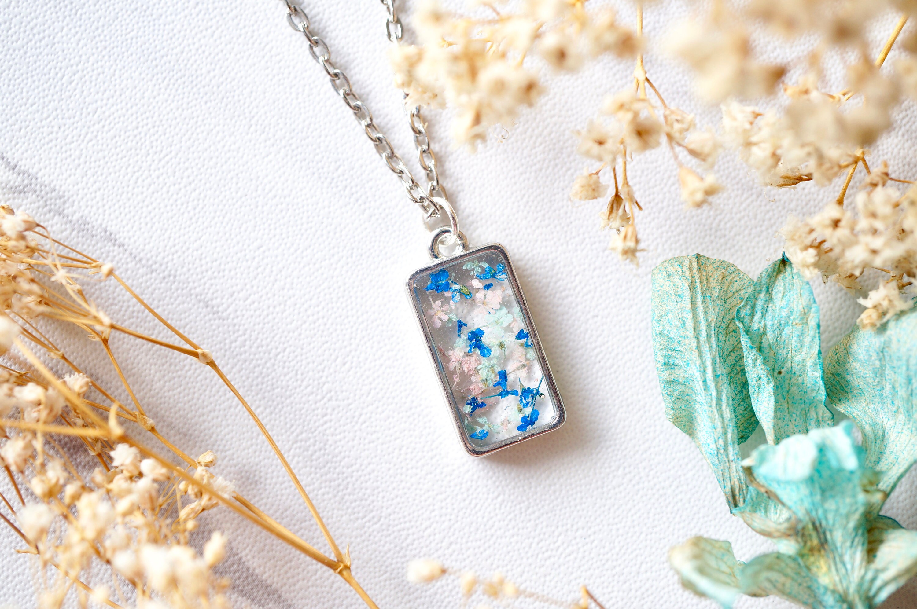Real Pressed Flowers in Resin Necklace, Silver Rectangle in Pink Mint Blue - Thumbnail 3