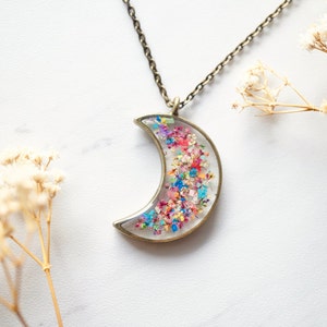 Real Pressed Flowers and Resin Moon Necklace in Party Mix image 4