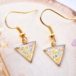 Real Pressed Flowers and Resin Drop Earrings, Gold Triangles in Yellow Mint Light Pink