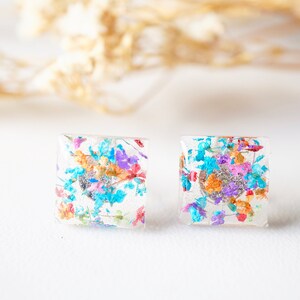 Real Pressed Flowers and Resin Square Stud Earrings in Party Mix image 5