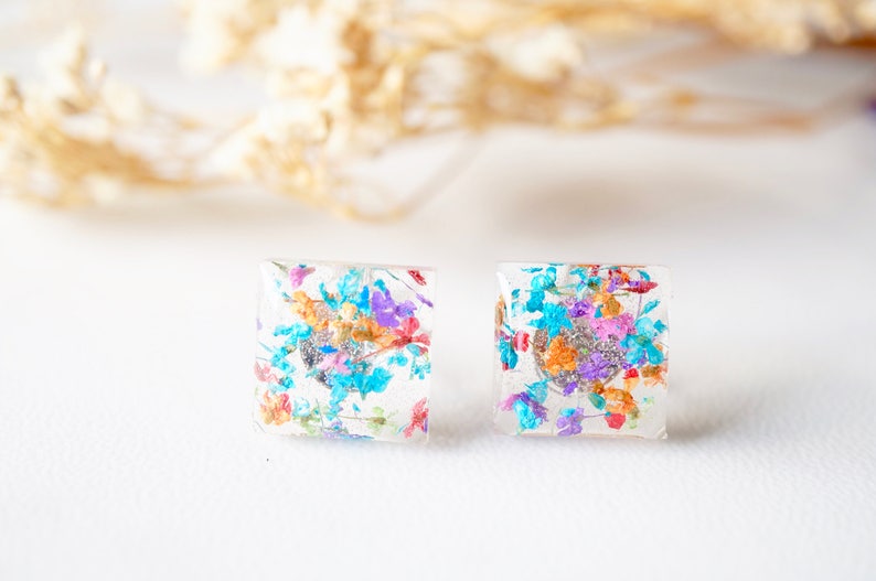 Real Pressed Flowers and Resin Square Stud Earrings in Party Mix image 5