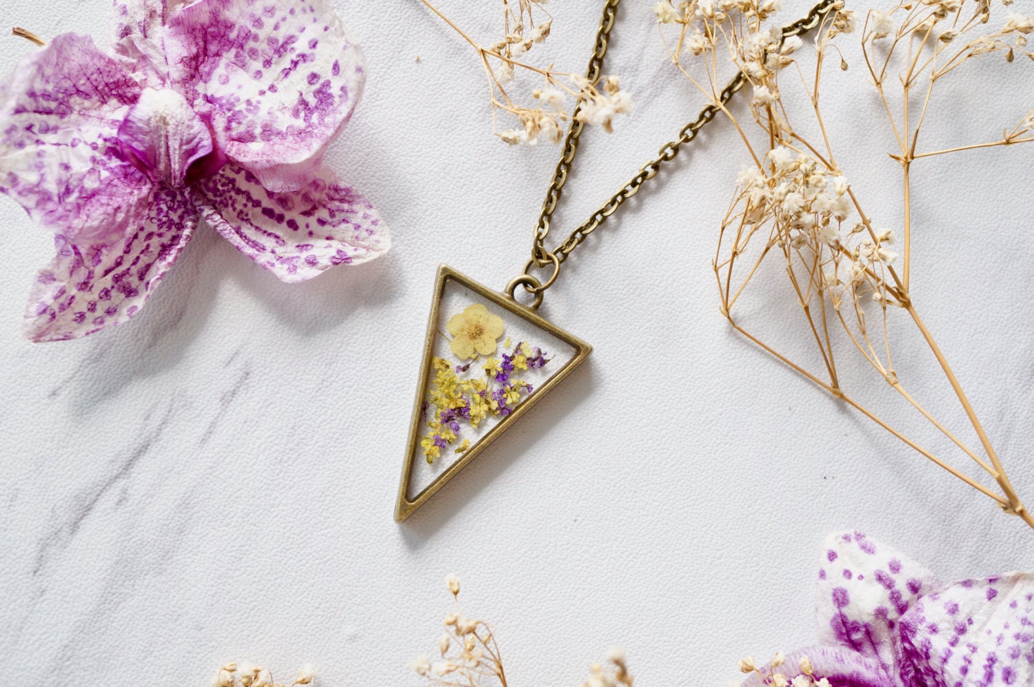 Real Pressed Flowers in Resin Necklace Purple Yellow Mix - Thumbnail 2
