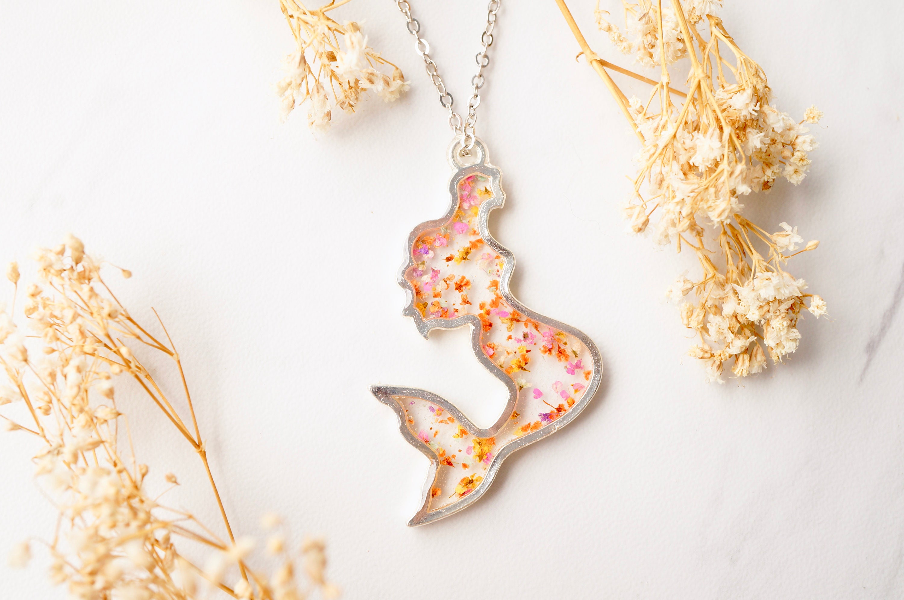 Real Pressed Flowers in Resin Necklace, Silver Mermaid in Pink Orange Yellow Mix - Thumbnail 2