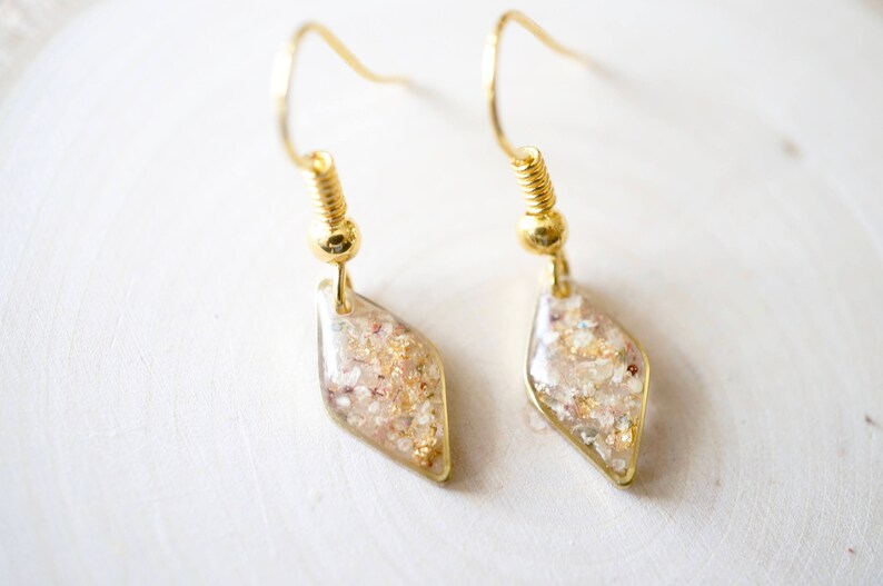Real Pressed Flowers and Resin Earrings in Gold with Whites Champagne Mix with Real Gold Foil image 4