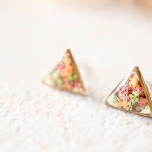 Real Pressed Flowers and Resin Triangle Stud Earrings in Pink, Orange, Green image 5