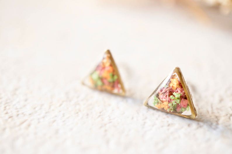 Real Pressed Flowers and Resin Triangle Stud Earrings in Pink, Orange, Green image 5